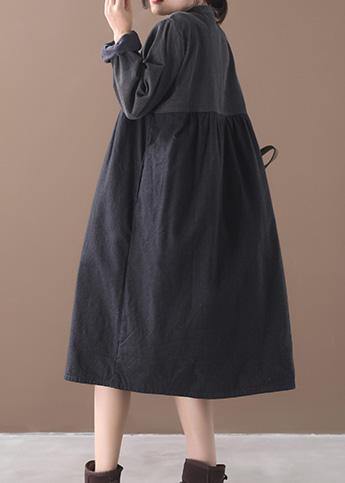 French o neck Button patchwork black plaid Dress - SooLinen