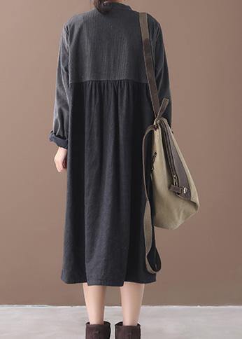 French o neck Button patchwork black plaid Dress - SooLinen