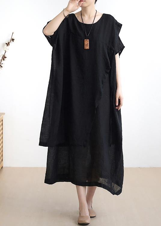 French o neck asymmetric cotton summer dress Sewing black Dresses - SooLinen