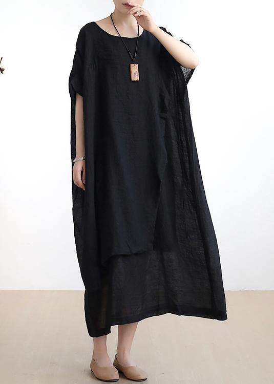 French o neck asymmetric cotton summer dress Sewing black Dresses - SooLinen
