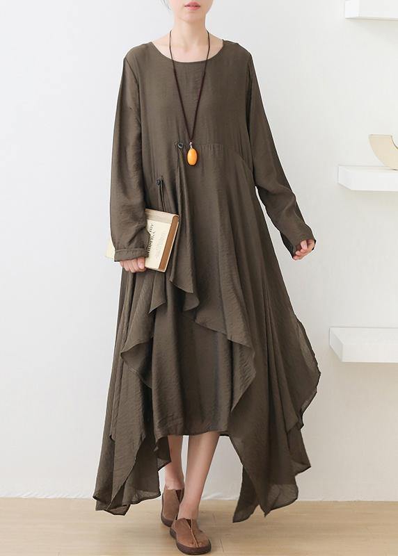 French o neck asymmetric dress pattern army green Art Dresses - SooLinen