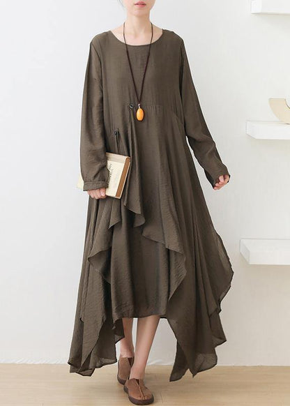 French o neck asymmetric dress pattern army green Art Dresses - SooLinen