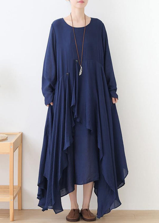 French o neck asymmetric dress pattern army green Art Dresses - SooLinen