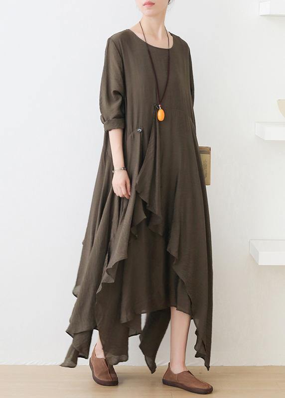 French o neck asymmetric dress pattern army green Art Dresses - SooLinen