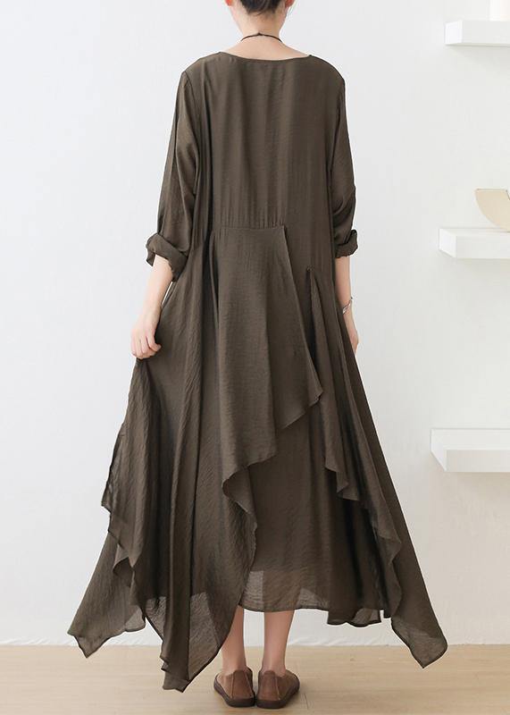 French o neck asymmetric dress pattern army green Art Dresses - SooLinen