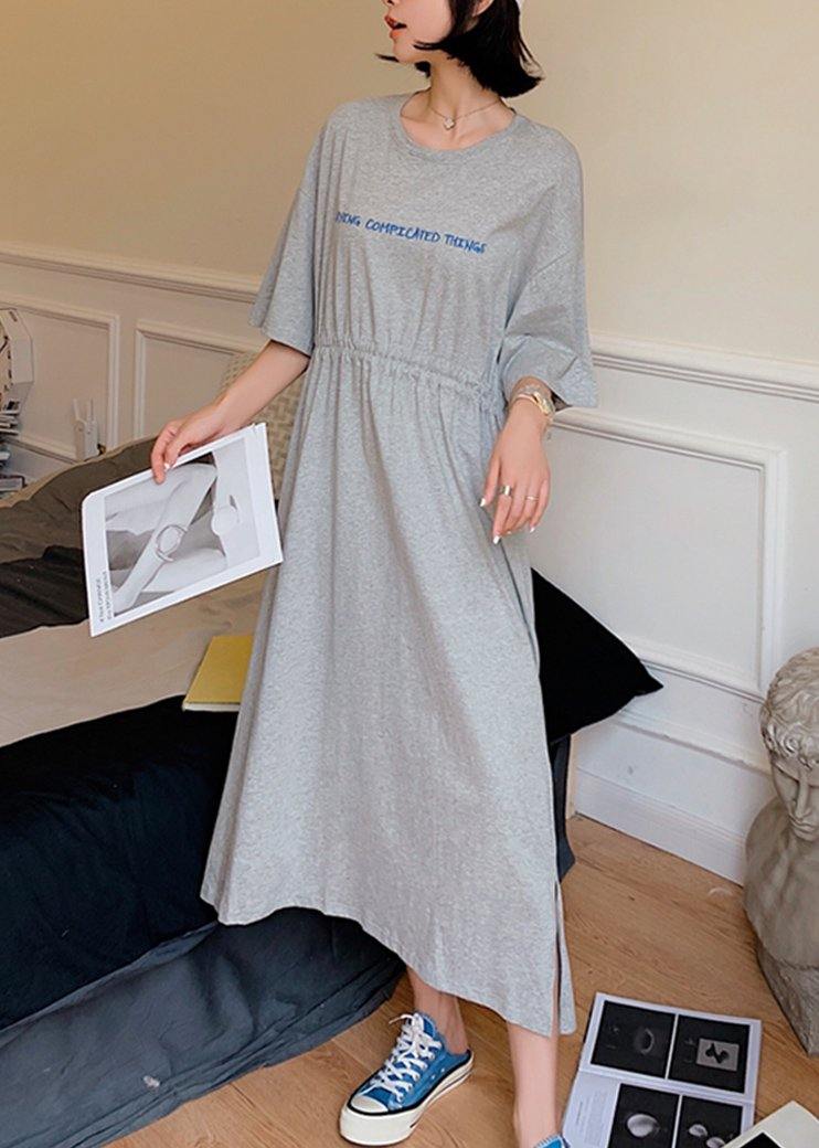 French o neck cotton outfit Fabrics gray drawstring loose Dress summer - SooLinen