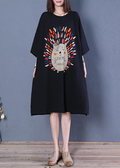 French o neck half sleeve Cotton dresses pattern black print Dress - SooLinen