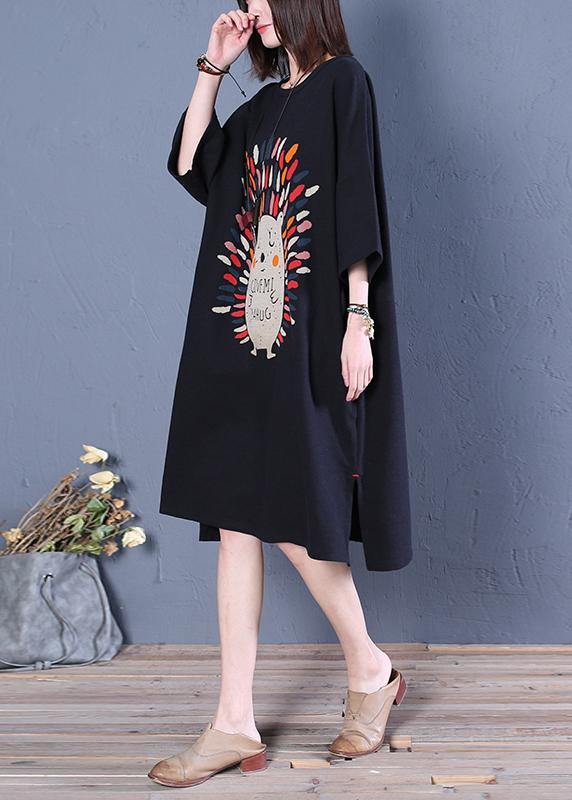 French o neck half sleeve Cotton dresses pattern black print Dress - SooLinen