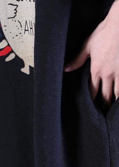 French o neck half sleeve Cotton dresses pattern black print Dress - SooLinen