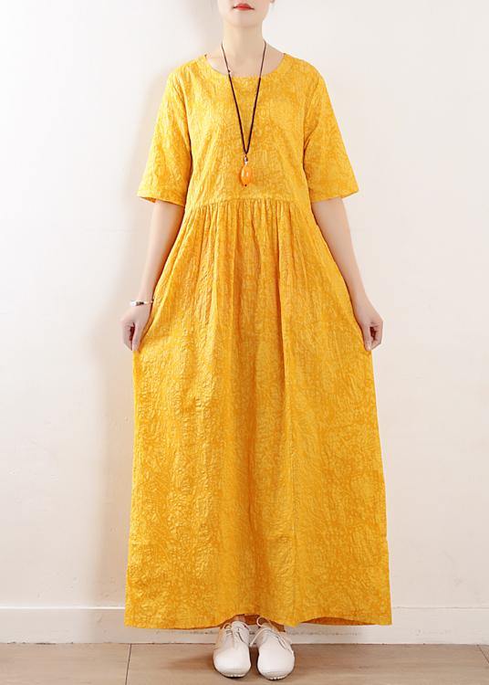 French o neck half sleeve cotton linen summer Robes yellow Dress - SooLinen