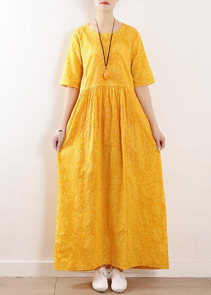 French o neck half sleeve cotton linen summer Robes yellow Dress - SooLinen