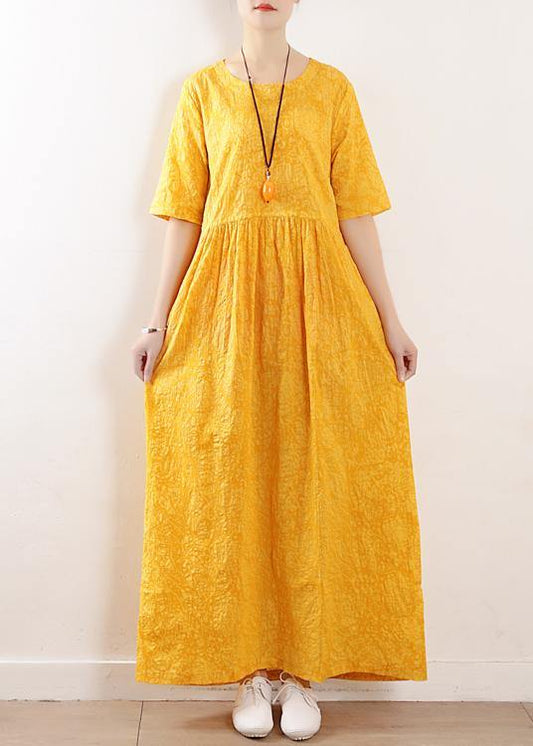 French o neck half sleeve cotton linen summer Robes yellow Dress - SooLinen