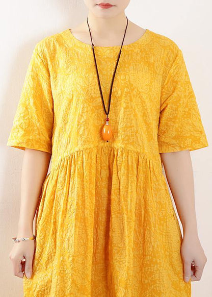 French o neck half sleeve cotton linen summer Robes yellow Dress - SooLinen