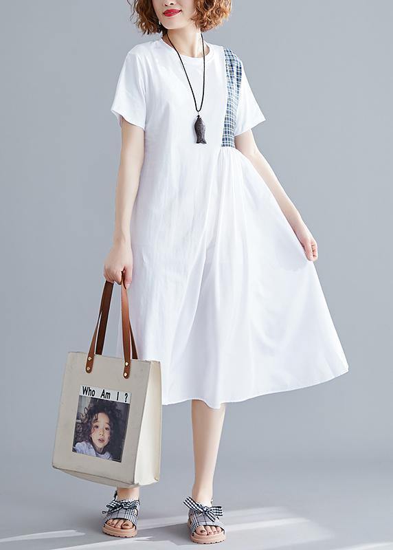 French o neck patchwork Cotton Tunics Catwalk white Dresses summer - SooLinen