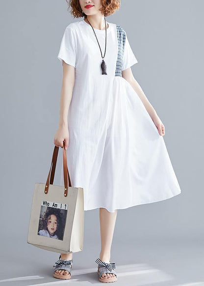French o neck patchwork Cotton Tunics Catwalk white Dresses summer - SooLinen