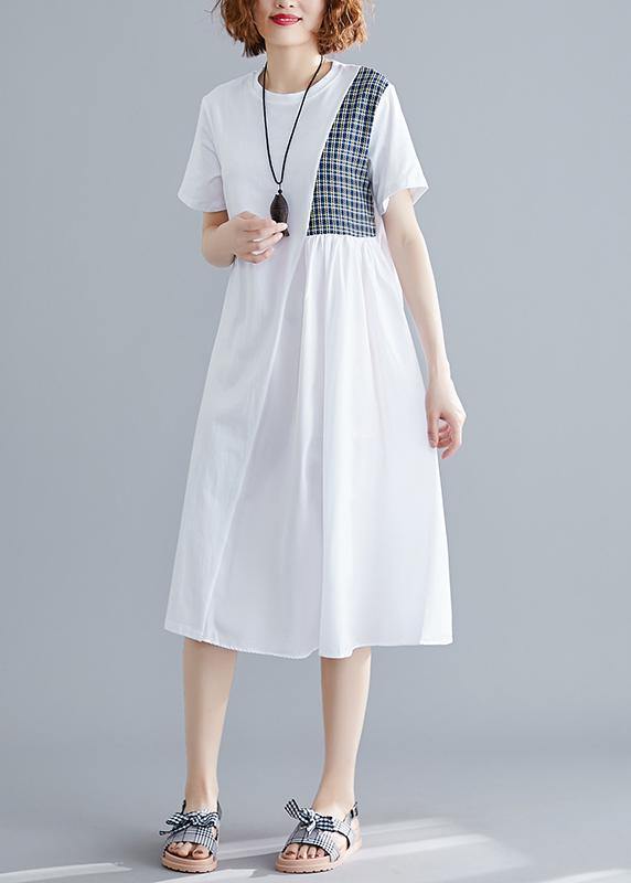 French o neck patchwork Cotton Tunics Catwalk white Dresses summer - SooLinen