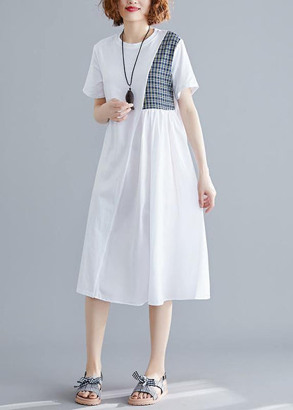 French o neck patchwork Cotton Tunics Catwalk white Dresses summer - SooLinen