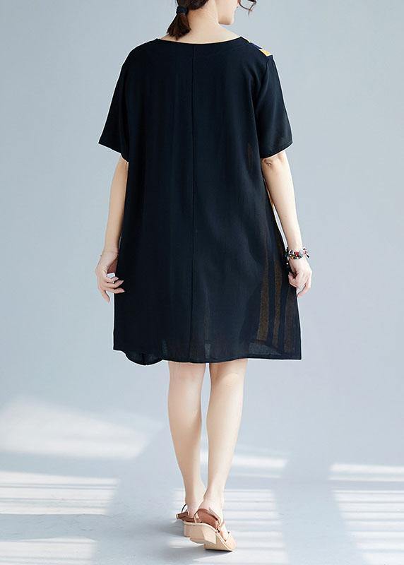 French o neck patchwork Cotton clothes Photography black yellow striped Dresses summer - SooLinen