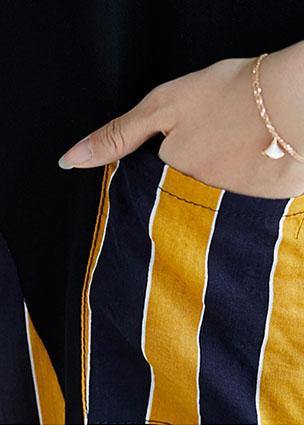 French o neck patchwork Cotton clothes Photography black yellow striped Dresses summer - SooLinen
