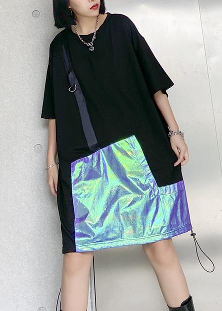 French o neck patchwork Cotton clothes Women Shirts black Dresses - SooLinen