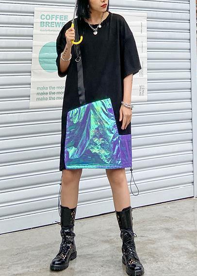 French o neck patchwork Cotton clothes Women Shirts black Dresses - SooLinen