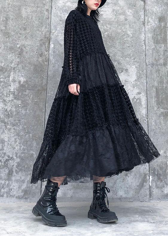 French o neck patchwork lace clothes Women Photography black long Dresses - SooLinen