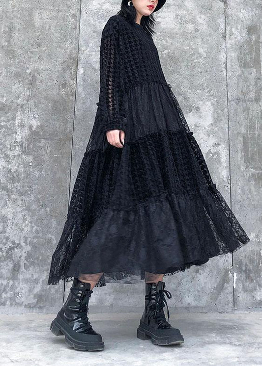 French o neck patchwork lace clothes Women Photography black long Dresses - SooLinen