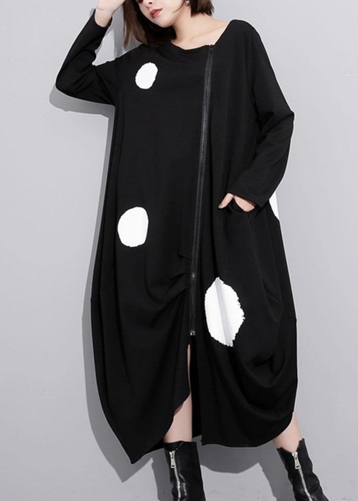 French o neck pockets cotton clothes Tunic Tops black dotted long Dress - SooLinen