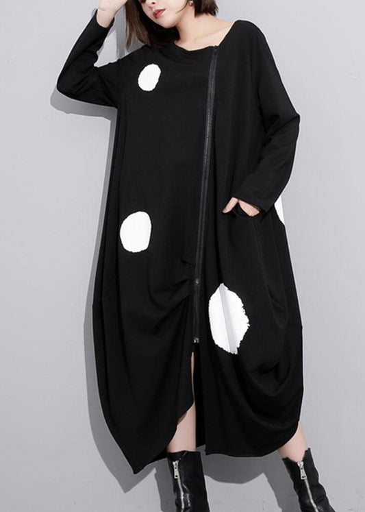 French o neck pockets cotton clothes Tunic Tops black dotted long Dress - SooLinen