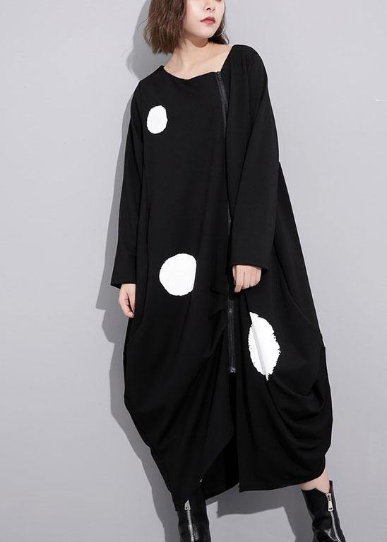 French o neck pockets cotton clothes Tunic Tops black dotted long Dress - SooLinen