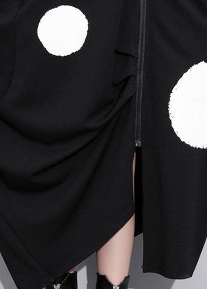 French o neck pockets cotton clothes Tunic Tops black dotted long Dress - SooLinen