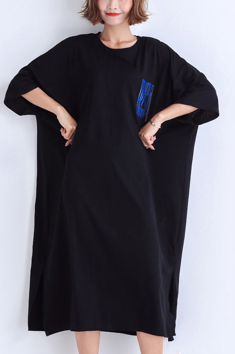 French o neck side open linen outfit 18th Century Sleeve black daily Dress Summer