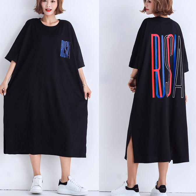 French o neck side open linen outfit 18th Century Sleeve black daily Dress Summer