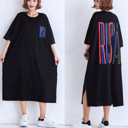 French o neck side open linen outfit 18th Century Sleeve black daily Dress Summer