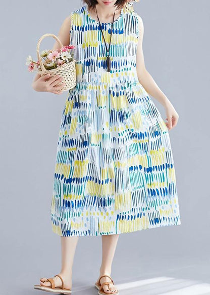 French o neck sleeveless Cotton clothes For Women Inspiration blue striped Dresses - SooLinen