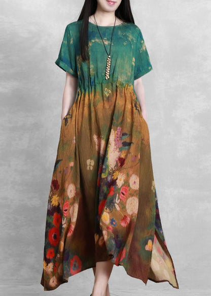 French o neck summer dress yellow green print Dress - SooLinen