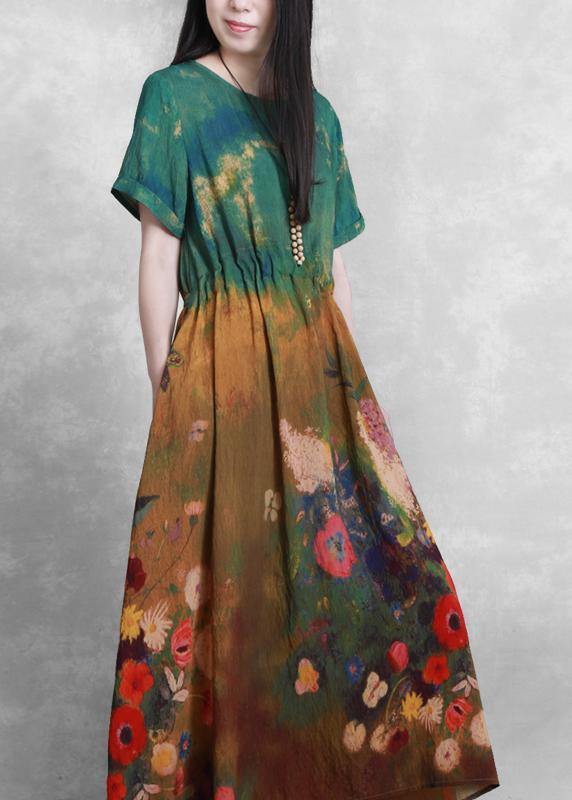 French o neck summer dress yellow green print Dress - SooLinen