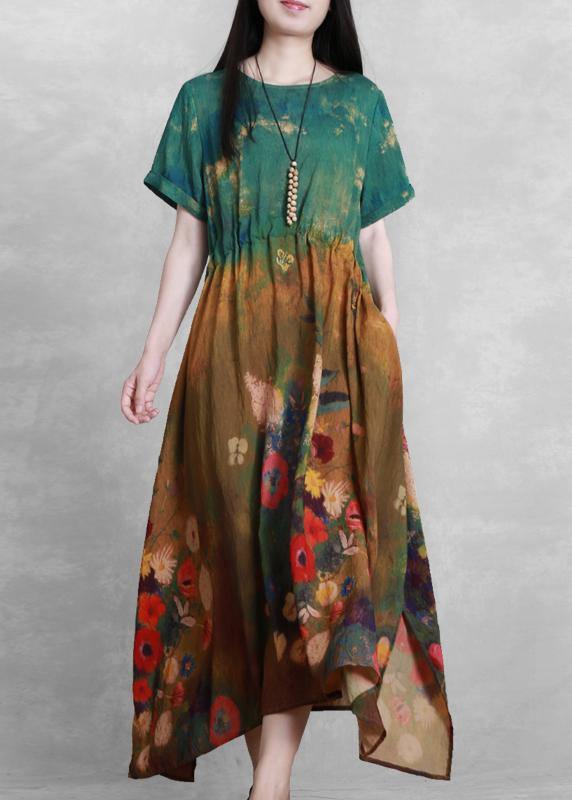 French o neck summer dress yellow green print Dress - SooLinen