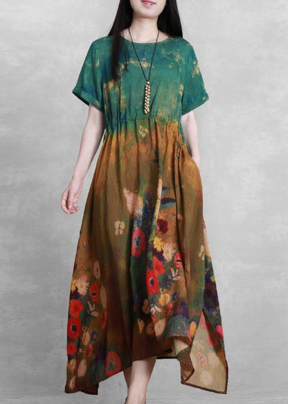 French o neck summer dress yellow green print Dress - SooLinen