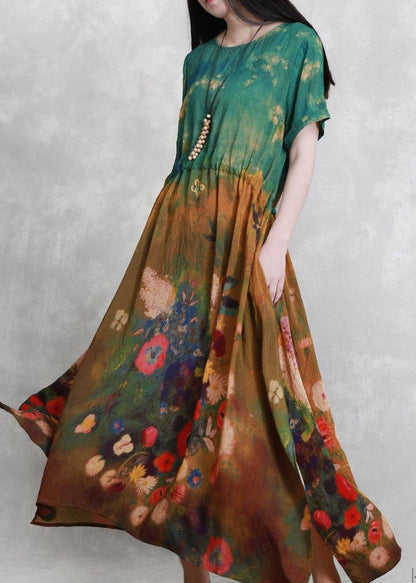 French o neck summer dress yellow green print Dress - SooLinen