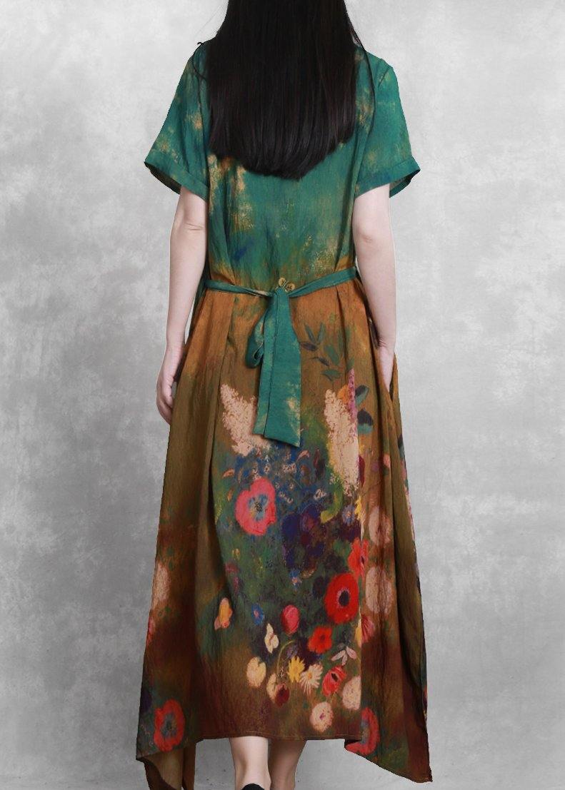 French o neck summer dress yellow green print Dress - SooLinen