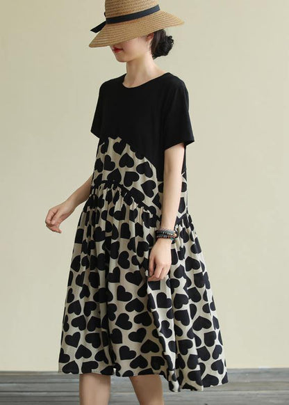 French o neck Cinched Cotton clothes For Women Runway black print Dress - SooLinen