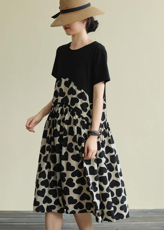 French o neck Cinched Cotton clothes For Women Runway black print Dress - SooLinen