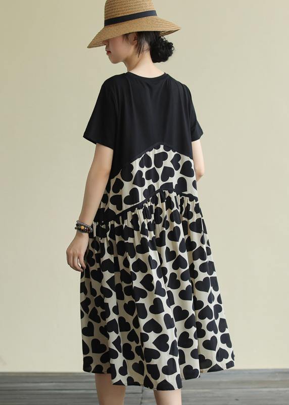 French o neck Cinched Cotton clothes For Women Runway black print Dress - SooLinen