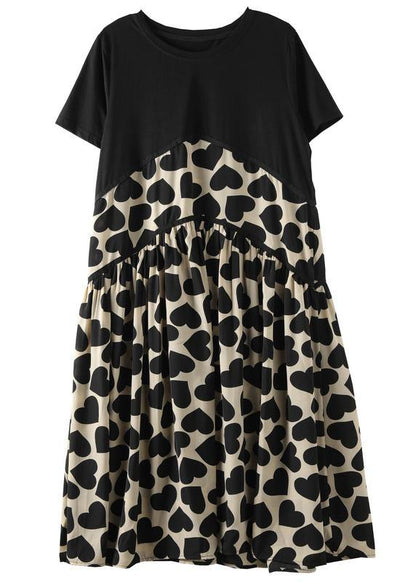 French o neck Cinched Cotton clothes For Women Runway black print Dress - SooLinen