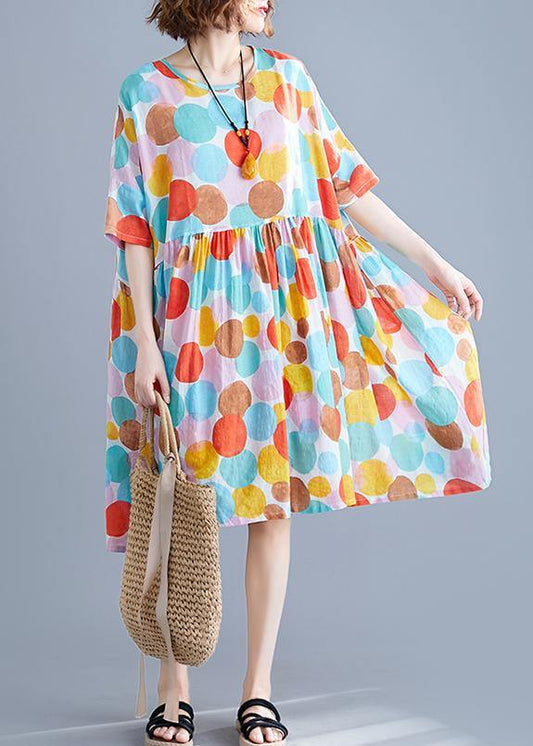 French o neck Cinched Cotton tunic Fabrics pink dotted Dress summer - SooLinen