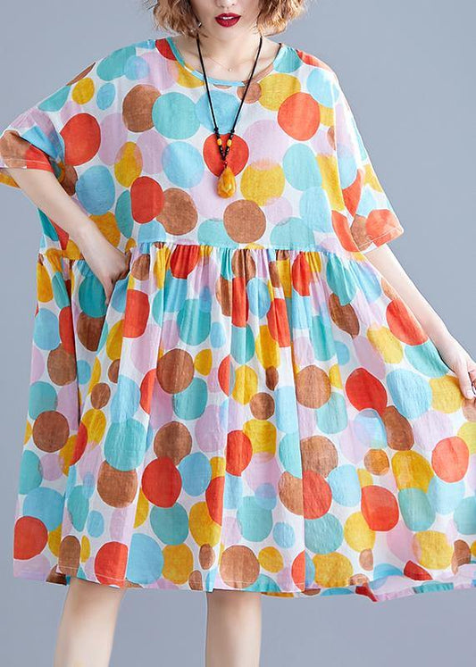 French o neck Cinched Cotton tunic Fabrics pink dotted Dress summer - SooLinen