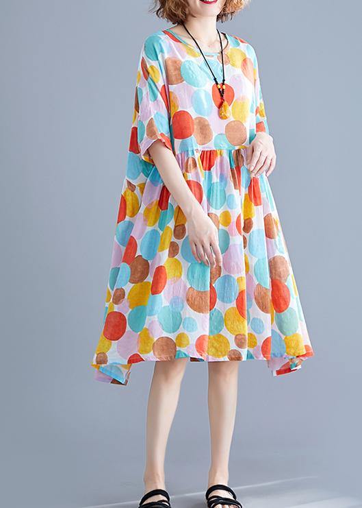 French o neck Cinched Cotton tunic Fabrics pink dotted Dress summer - SooLinen