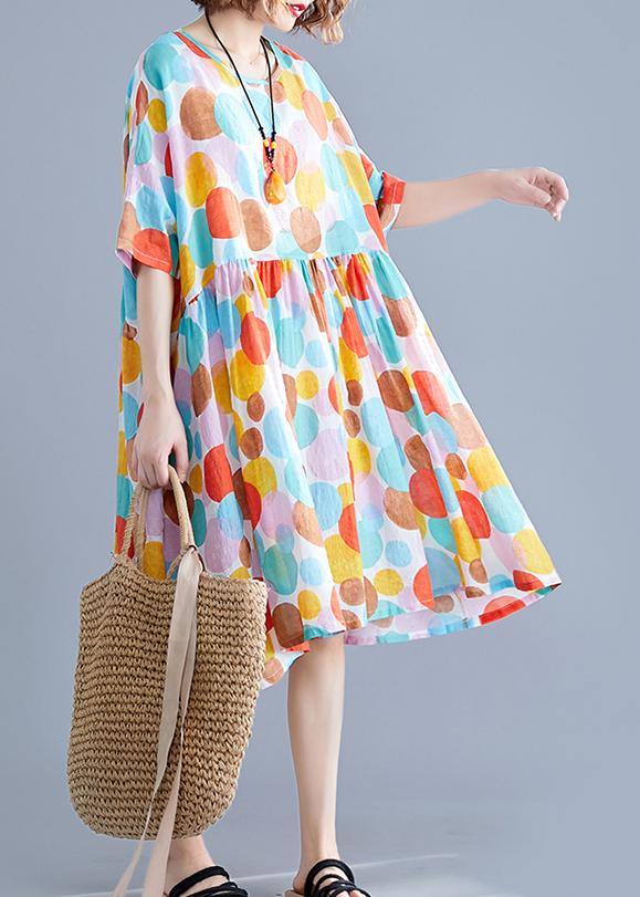 French o neck Cinched Cotton tunic Fabrics pink dotted Dress summer - SooLinen