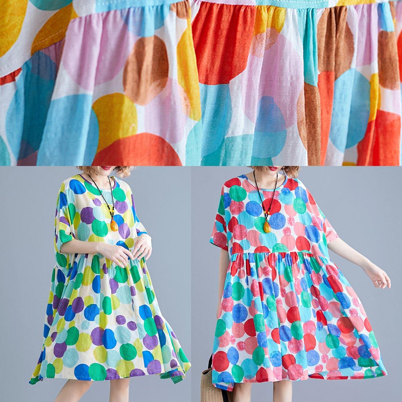 French o neck Cinched Cotton tunic Fabrics pink dotted Dress summer - SooLinen